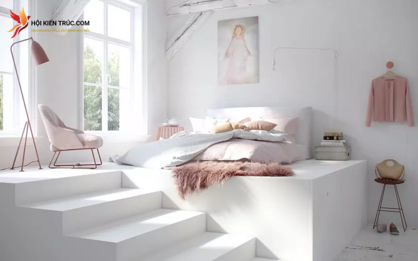 phòng ngủ màu hồng- trắng