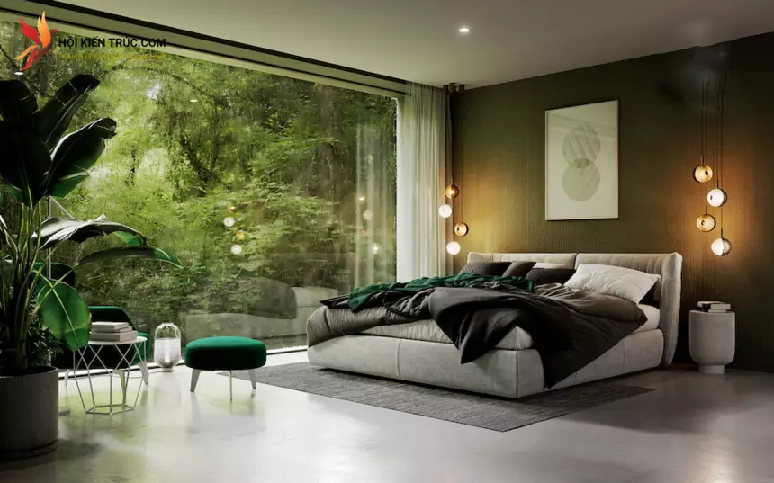 phòng ngủ màu xanh gần gũi với thiên nhiên