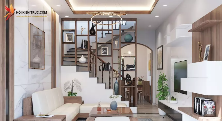 trang trí cầu thang giữa phòng khách và bếp