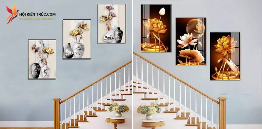 Trang trí cầu thang phòng khách đẹp bằng tranh