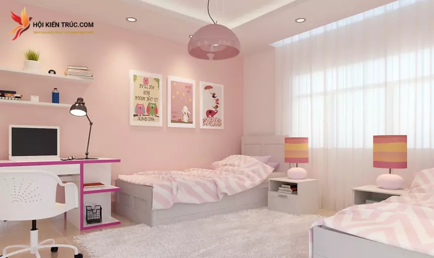 phòng ngủ màu hồng cho 2 bé