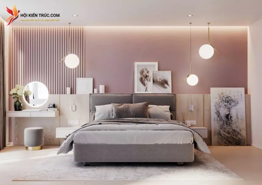 phòng ngủ màu hồng đất