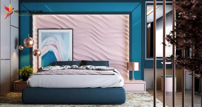 phòng ngủ màu hồng kết hợp xanh dương