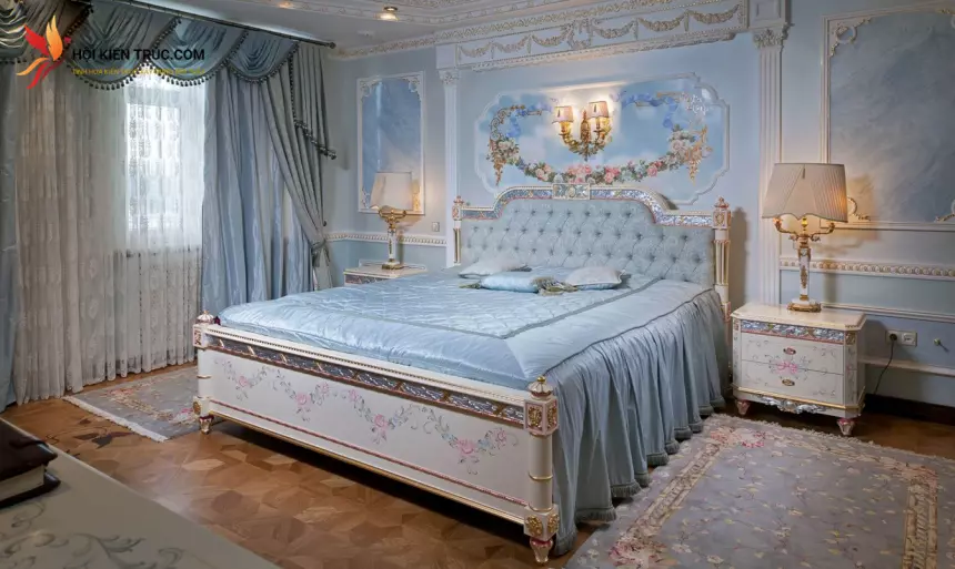 phòng ngủ màu xanh tân cổ điển
